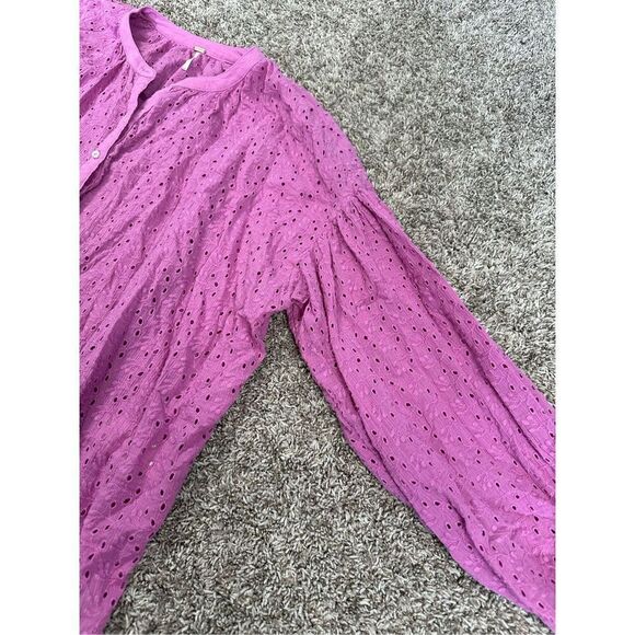 Free People Maddison Eyelet Blouse Orchid L Button Front Long Sleeve Oversized - Picture 14 of 16